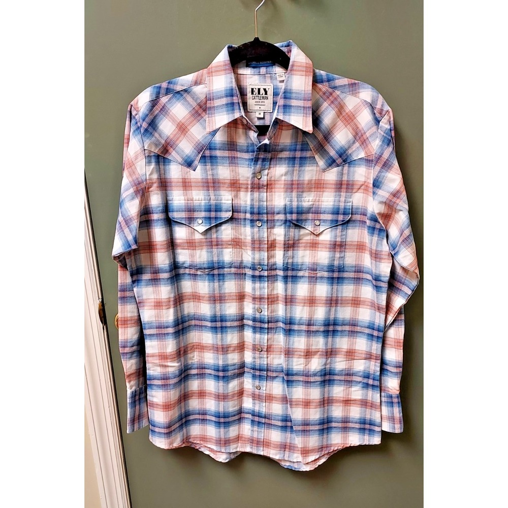 Ely Cattleman Western Snap Shirt Mens Medium Blue Orange Plaid Pearl Snap Yoke